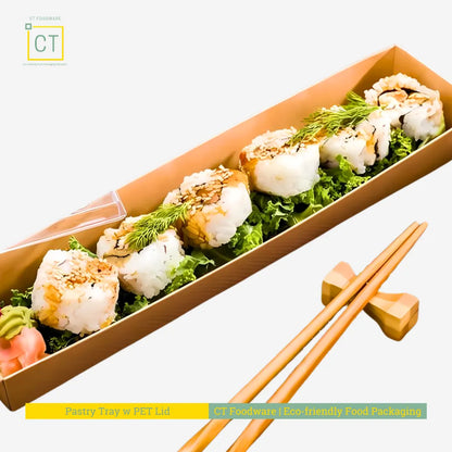 Sushi Tray w PET Lid | Eco-friendly Kraft Food Tray | CT Foodware - SG